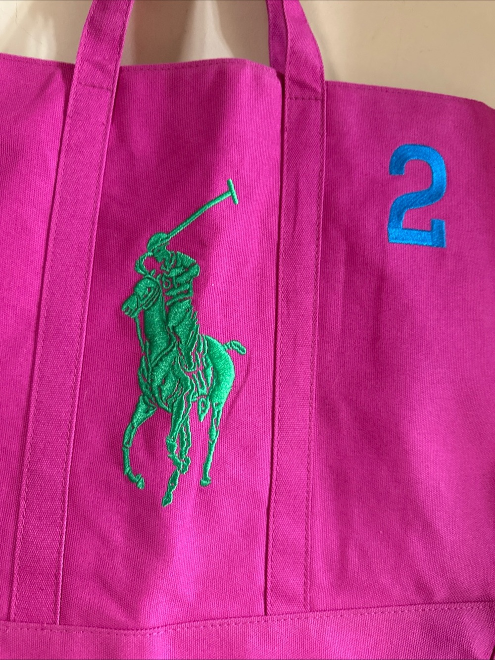 Ralph Lauren Fuchsia Canvas Tote with Green Polo Motif and Blue '2'NEW - Picture 6 of 16